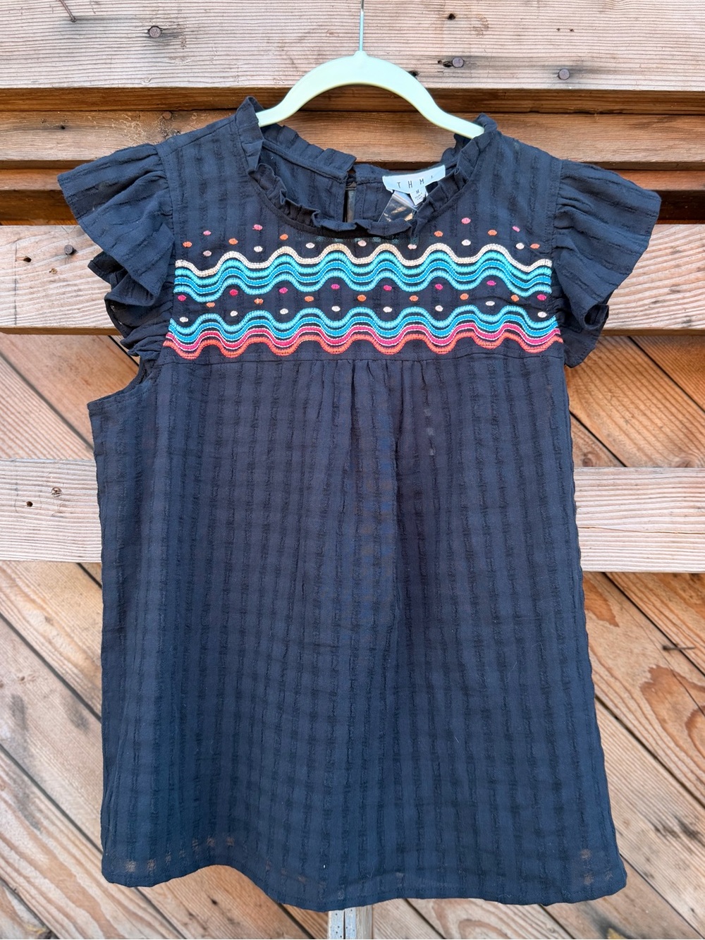 THML Black Women’s Top with Colorful Embroidered Yoke